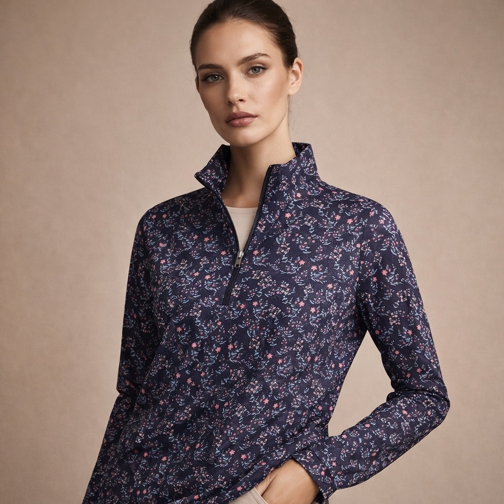 Puma Navy Floral Quarter-Zip Long Sleeve Top